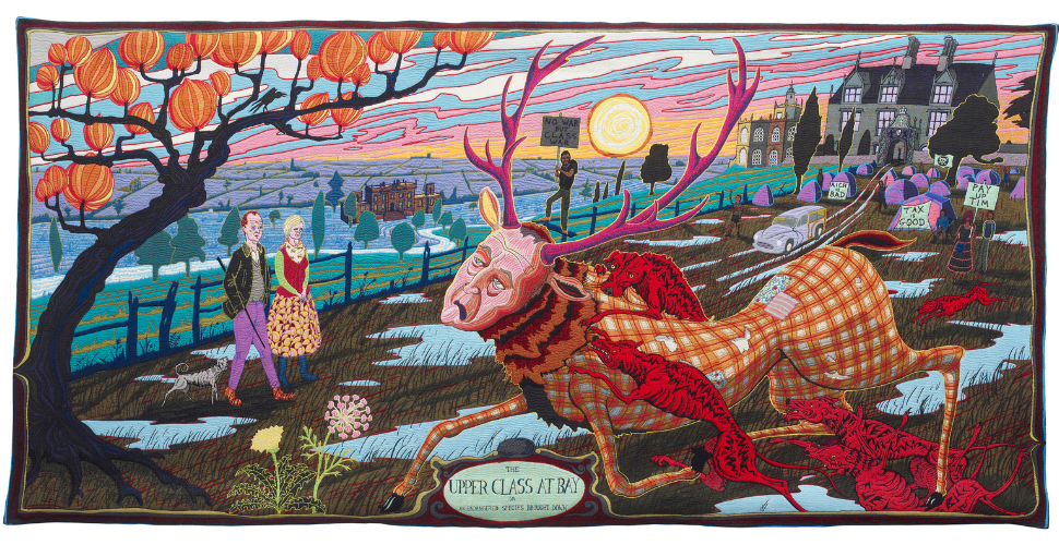 Colorful tapestry showing a stag chased by red hounds, a couple walking near an orange tree, and a grand house with protest signs in the background. Text reads “The Upper Class at Bay
